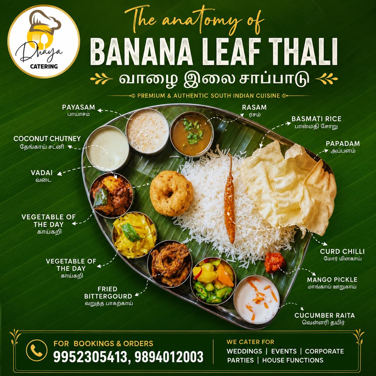 The anatomy of a Dhaya Catering banana-leaf thali, with each item labelled in English and Tamil