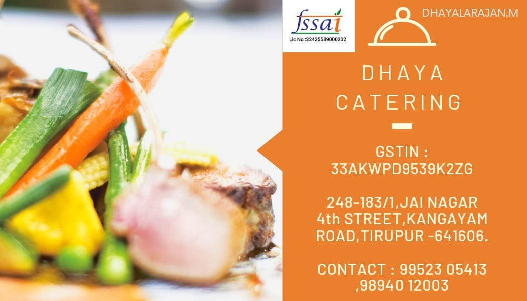 Dhaya Catering visiting card with GSTIN, FSSAI licence and address